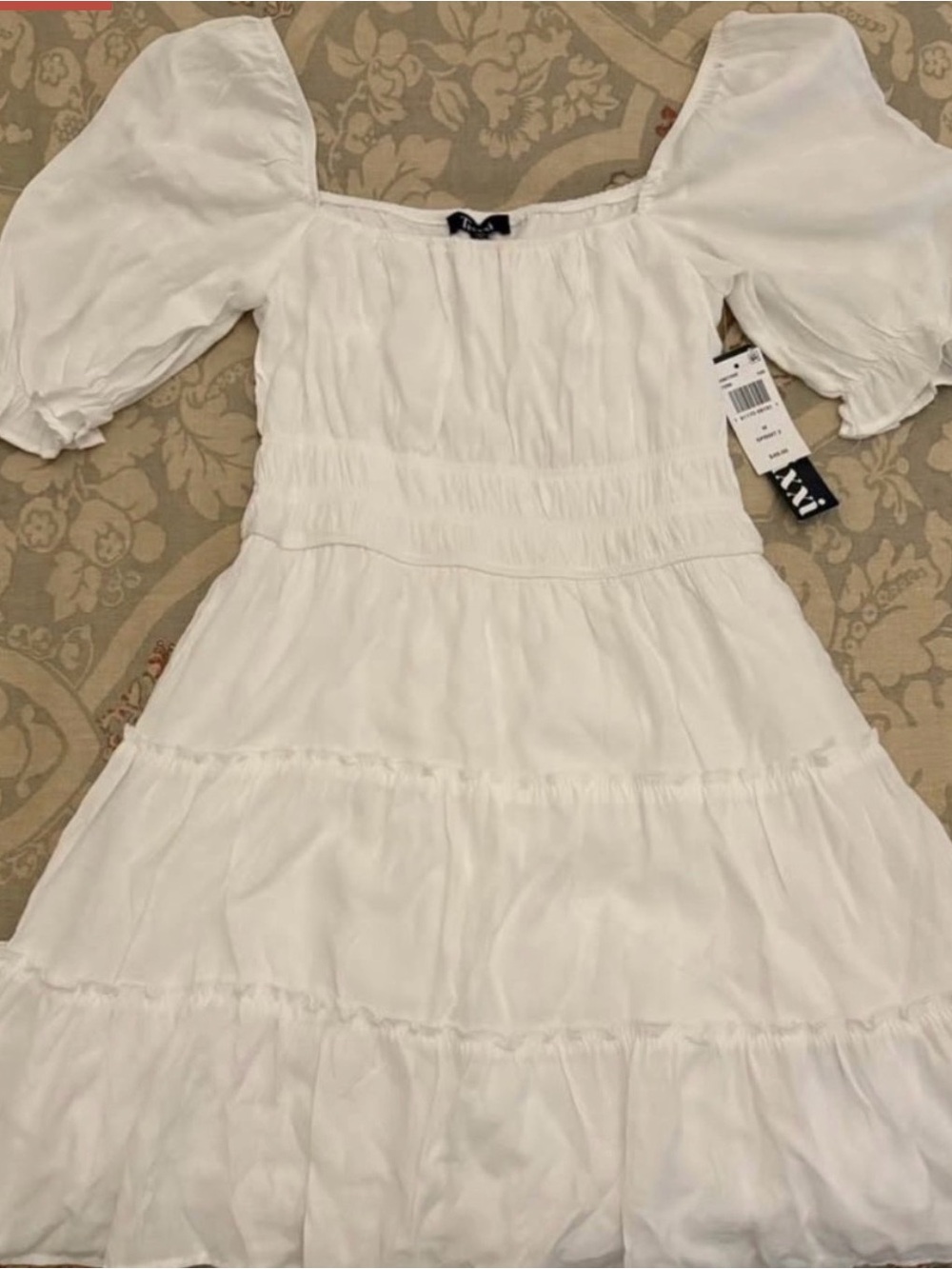 Trixxi White Puff-Sleeve Tiered Mini Dress